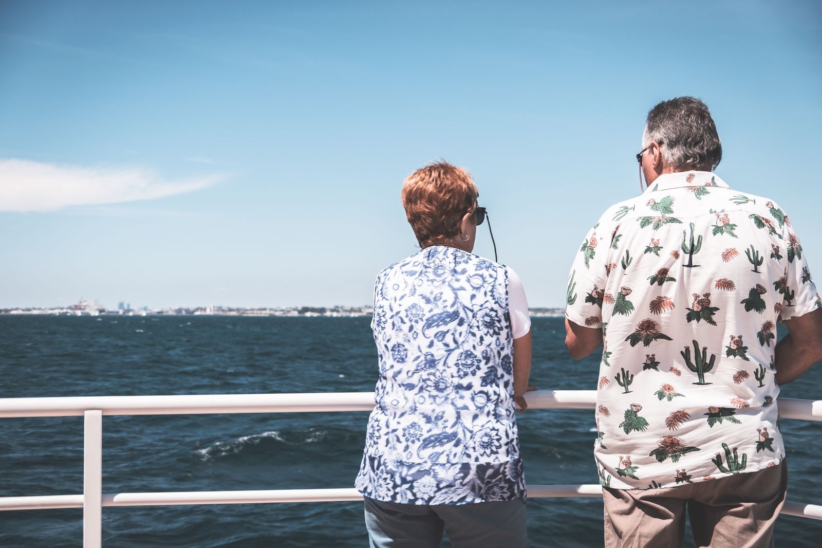Two travelers at the rail of a ship looking out to sea